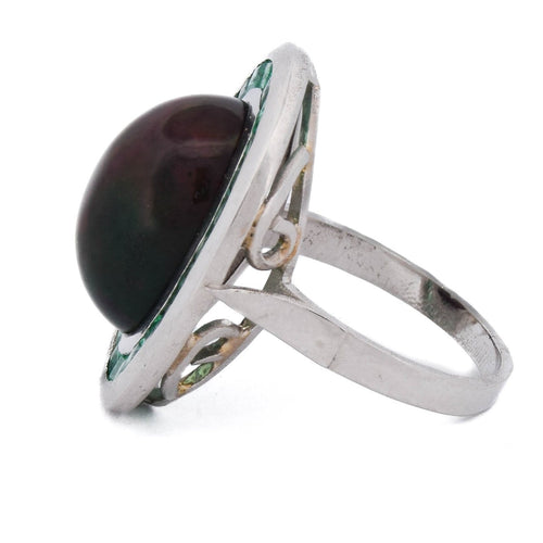 Bague 54 Bague ovale en platine avec opale cabochon et émeraudes 58 Facettes AN519 (00029)