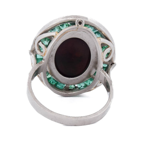 Bague 54 Bague ovale en platine avec opale cabochon et émeraudes 58 Facettes AN519 (00029)