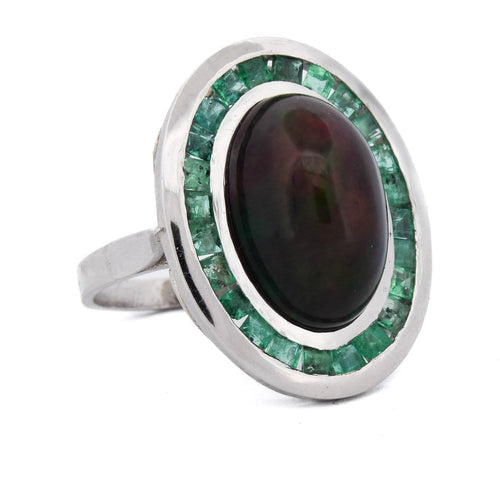 Bague 54 Bague ovale en platine avec opale cabochon et émeraudes 58 Facettes AN519 (00029)