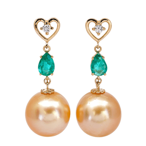 Golden Hearts - Boucles d'oreilles en or jaune, émeraudes, perles et diamants