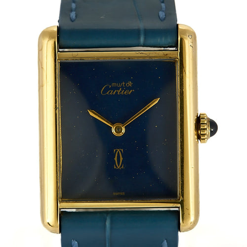Montre Cartier Tank Must - Montre en argent plaqué or cadran bleu 58 Facettes A1249