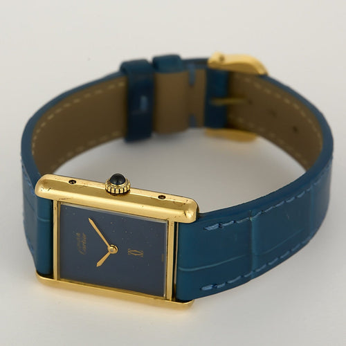 Montre Cartier Tank Must - Montre en argent plaqué or cadran bleu 58 Facettes A1249