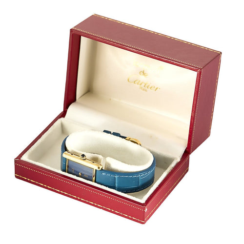Montre Cartier Tank Must - Montre en argent plaqué or cadran bleu 58 Facettes A1249