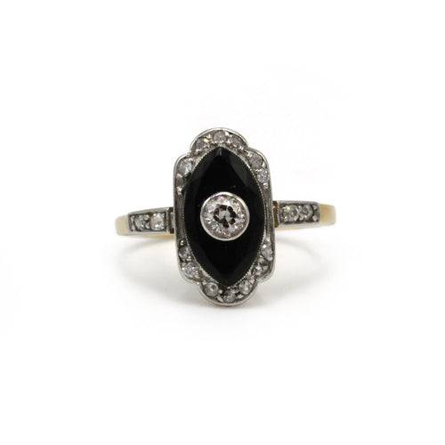 Bague 44 Art Déco - Bague en or jaune, platine, onyx et diamants 58 Facettes 260233R