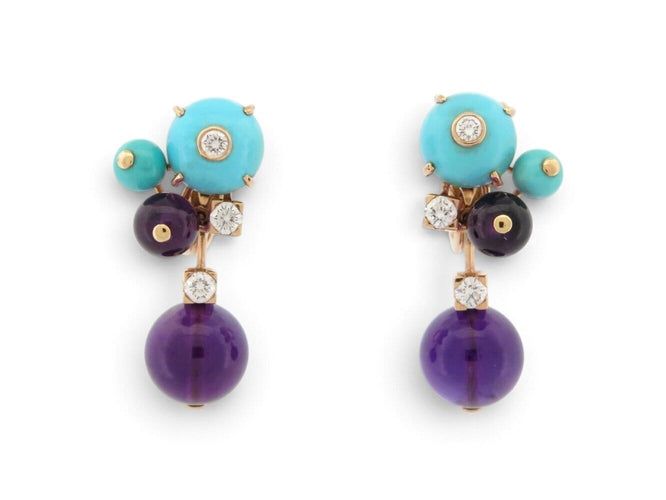 Boucles d'oreilles Cartier Délices de Goa - Boucles d'oreilles or rose, diamants, améthystes, turquoises 58 Facettes 276892