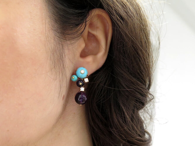 Boucles d'oreilles Cartier Délices de Goa - Boucles d'oreilles or rose, diamants, améthystes, turquoises 58 Facettes 276892