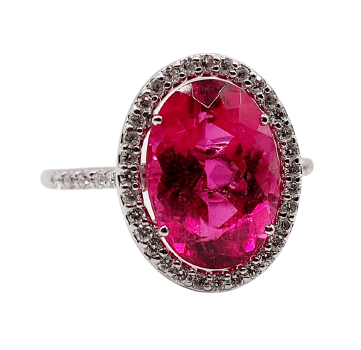 Bague marguerite vintage en or blanc 18k, tourmaline et diamants