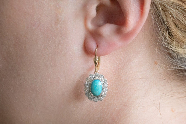 Boucles d'oreilles Boucles d'oreilles pendantes turquoise et diamants taille ancienne 58 Facettes PP6