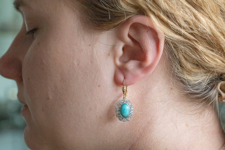 Boucles d'oreilles Boucles d'oreilles pendantes turquoise et diamants taille ancienne 58 Facettes PP6