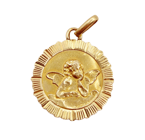Pendentif E. Dropsy - Médaille ancienne en or rose 18k, angelot 58 Facettes A07830