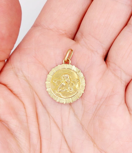 Pendentif E. Dropsy - Médaille ancienne en or rose 18k, angelot 58 Facettes A07830