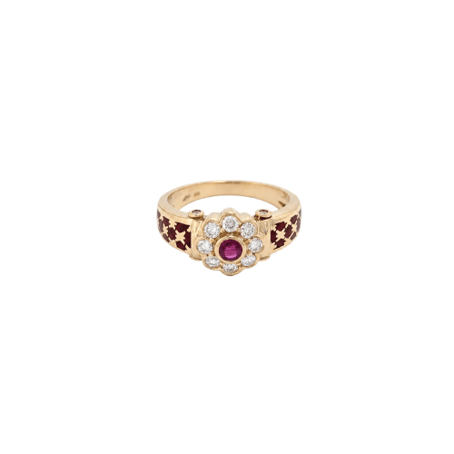 Bague fleur en or jaune, rubis, diamants et émail