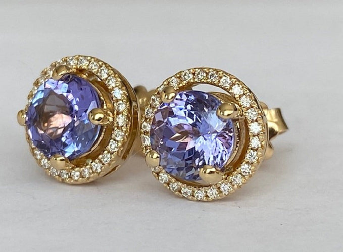 Boucles d'oreilles Halo - Boucles d'oreilles en or jaune 18k, tanzanites et diamants 58 Facettes earrings