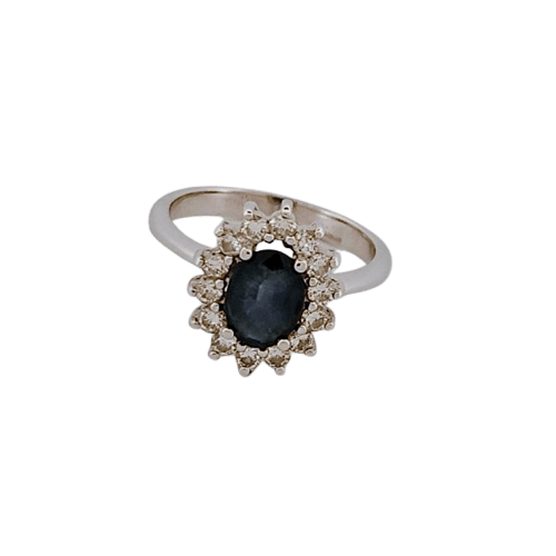 Bague entourage en or blanc 18 carats, saphir et diamants