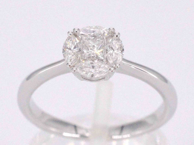 Bague 53 Bague en or blanc 18k, diamants princesse et marquise 58 Facettes 1019