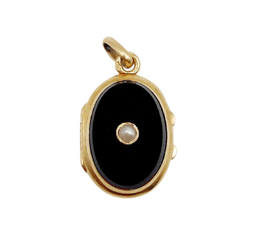 Pendentif porte-photo antique en or 18k, onyx et perle