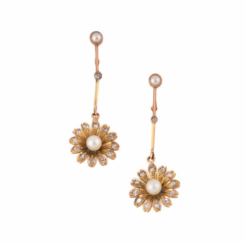 Boucles d'oreilles Art Nouveau - Boucles d’oreilles en or jaune 18K, perles et diamants 58 Facettes 289