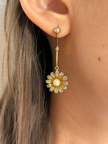 Boucles d'oreilles Art Nouveau - Boucles d’oreilles en or jaune 18K, perles et diamants 58 Facettes 289