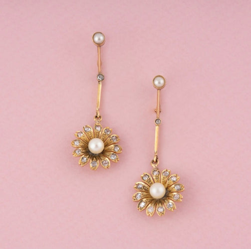 Boucles d'oreilles Art Nouveau - Boucles d’oreilles en or jaune 18K, perles et diamants 58 Facettes 289