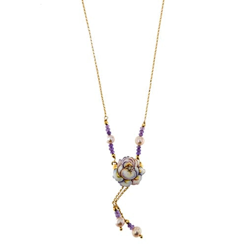 Collier Gabriella Rivalta - Collier fleur émaillée en or jaune 18 ct, diamants, améthystes et perles 58 Facettes 36330