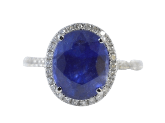 Bague 53 Bague halo en or blanc, diamants et saphir 58 Facettes 1026