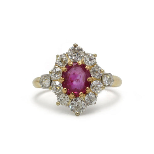 Bague 52 Bague marguerite ancienne en or 18k et platine, diamants et rubis birman non chauffé 58 Facettes SA086