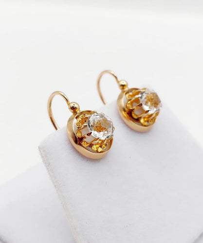 Boucles d'oreilles Dormeuses antiques en or rose 18k et pierres du Rhin, vers 1900 58 Facettes A07853