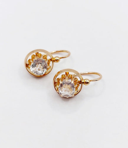 Boucles d'oreilles Dormeuses antiques en or rose 18k et pierres du Rhin, vers 1900 58 Facettes A07853