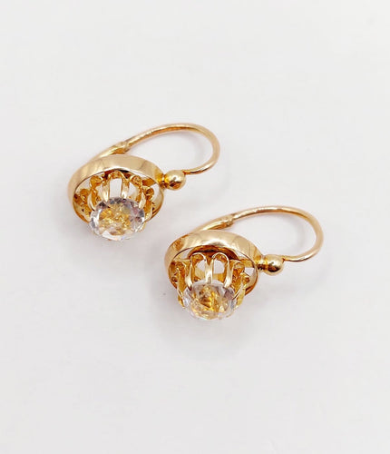 Boucles d'oreilles Dormeuses antiques en or rose 18k et pierres du Rhin, vers 1900 58 Facettes A07853