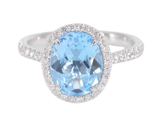 Bague halo en or blanc, topaze ovale et diamants