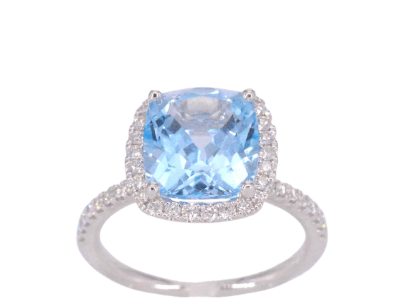 Bague halo en or blanc avec topaze taille coussin