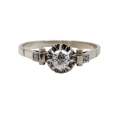 Bague solitaire Art déco en or blanc 18k, platine et diamants