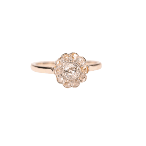 Bague 56 Bague marguerite ancienne en or blanc et jaune 18k, platine, diamants 58 Facettes LMB-387