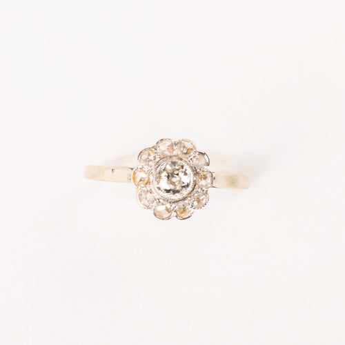 Bague 56 Bague marguerite ancienne en or blanc et jaune 18k, platine, diamants 58 Facettes LMB-387