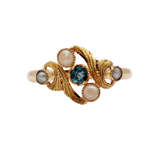 Bague Art nouveau en or 18k, perles et pierre verte