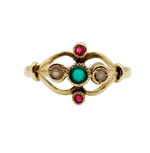 Art nouveau - Bague en or 18k, perles et pierres de couleur