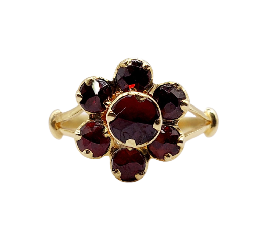 Bague marguerite antique en or 18k, grenats sur paillons