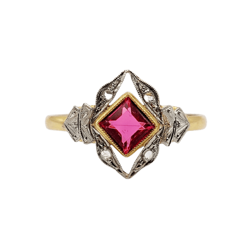 Bague 56 Bague Art déco en or rose 18k, pierre rouge et diamants 58 Facettes A07136