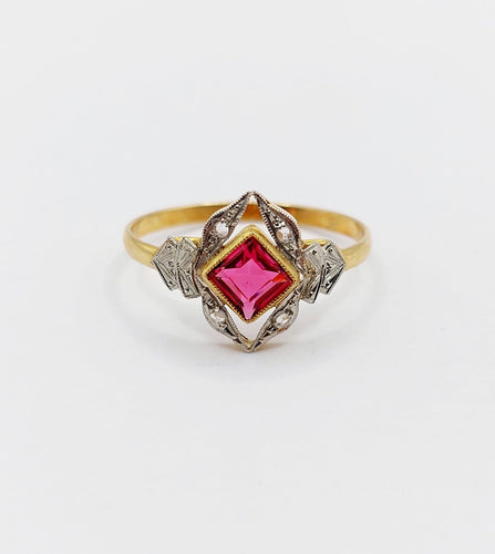 Bague 56 Bague Art déco en or rose 18k, pierre rouge et diamants 58 Facettes A07136