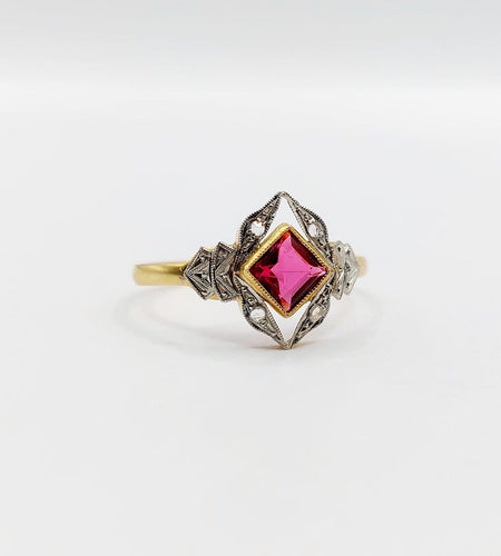 Bague 56 Bague Art déco en or rose 18k, pierre rouge et diamants 58 Facettes A07136