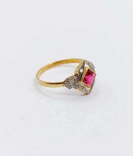 Bague 56 Bague Art déco en or rose 18k, pierre rouge et diamants 58 Facettes A07136