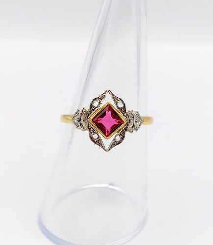 Bague 56 Bague Art déco en or rose 18k, pierre rouge et diamants 58 Facettes A07136