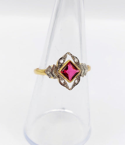 Bague 56 Bague Art déco en or rose 18k, pierre rouge et diamants 58 Facettes A07136