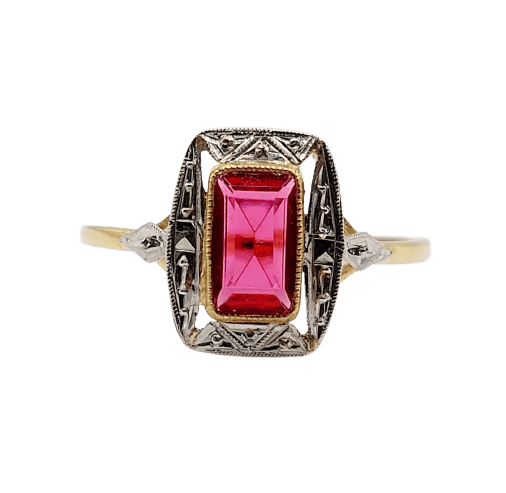 Bague Art déco en or blanc 18k et pierre rouge