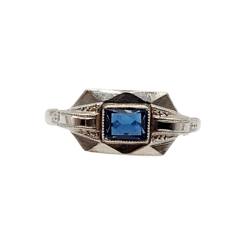 Bague Art déco en or blanc 18k et pâte de verre bleue