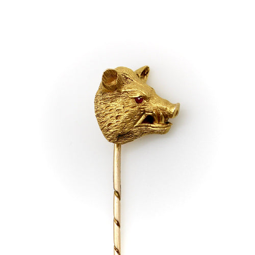 Époque victorienne - Épingle à cravate sanglier en or 14K et rubis 58 Facettes