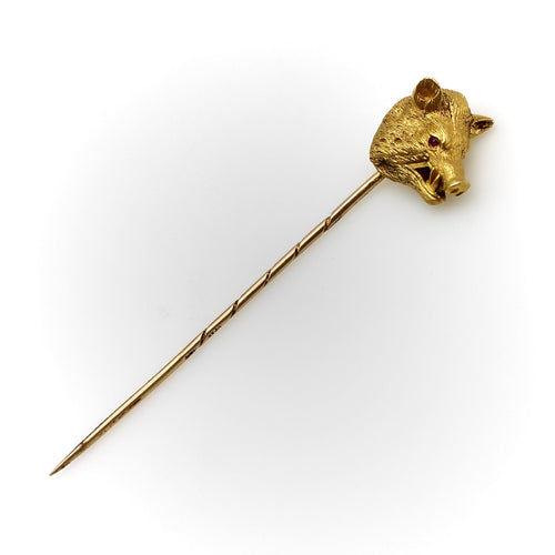 Époque victorienne - Épingle à cravate sanglier en or 14K et rubis 58 Facettes