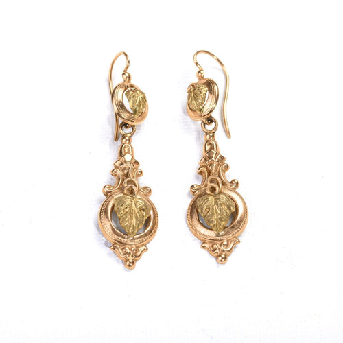 Pendants anciens en or rose et vert feuille de vigne_face.jpg