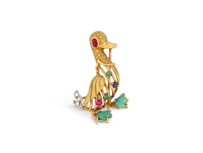 Broche Broche canard vintage en or jaune 18k, rubis, émeraudes et saphirs 58 Facettes 276295