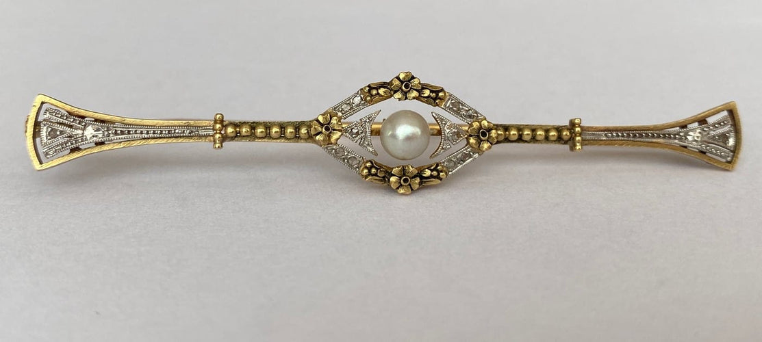 Broche Belle Époque - Broche en or jaune 18k, perle et diamants 58 Facettes brooch
